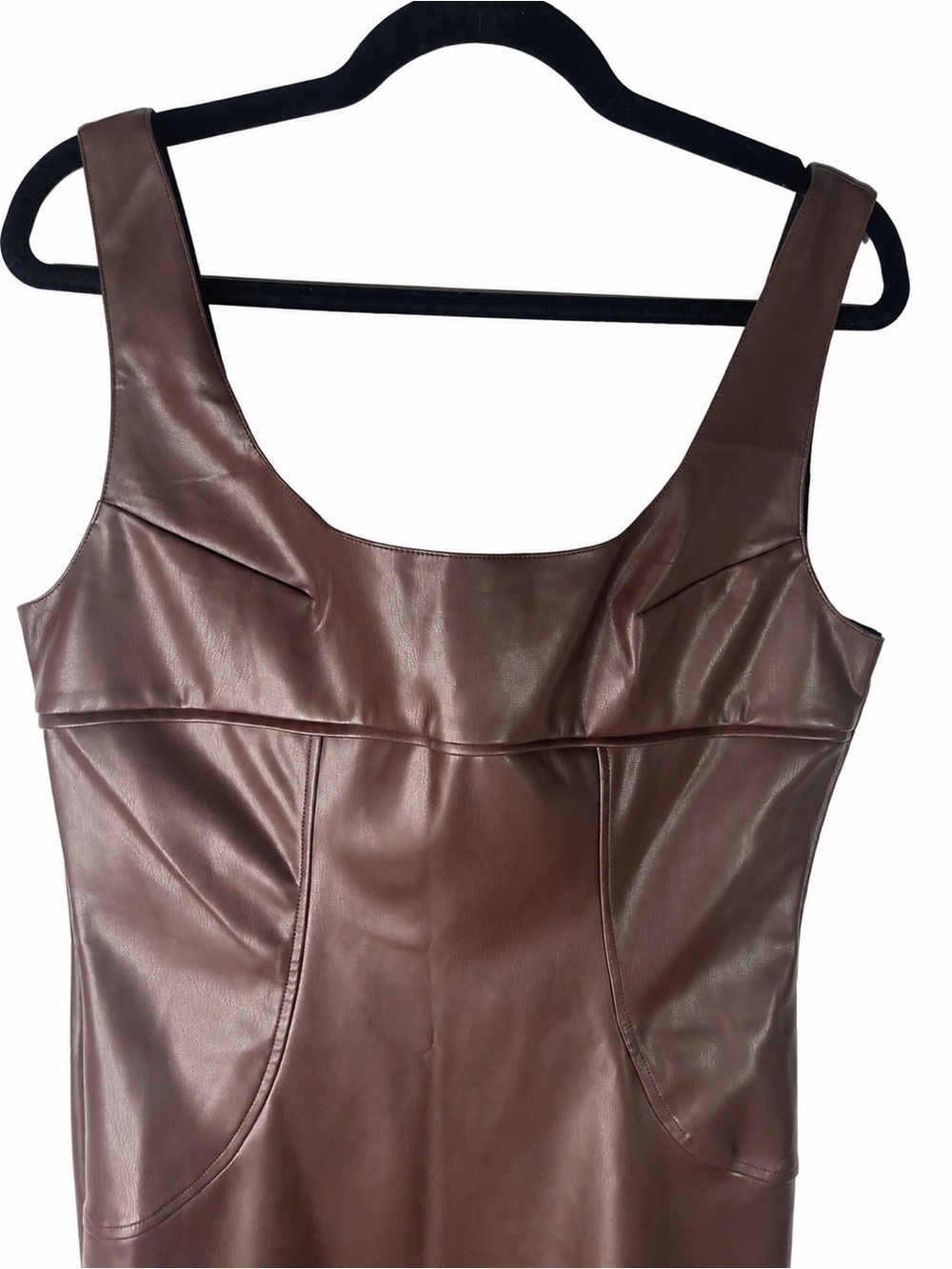 COMMENSE Dark Brown Tone Faux Leather Square Neck Midi Dress Size L NWT - Picture 4 of 16